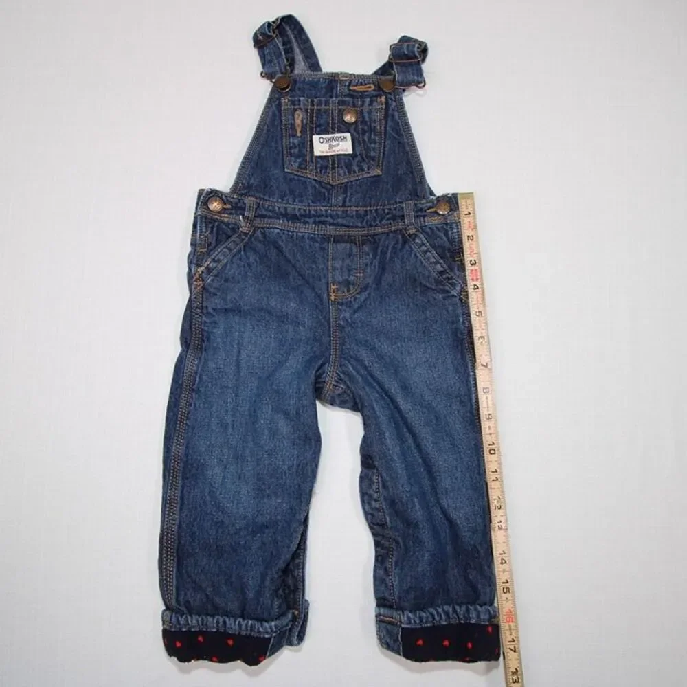 OshKosh Girls Denim Overalls Set 18M Red Plaid Heart Blue Fleece Lined 2pc